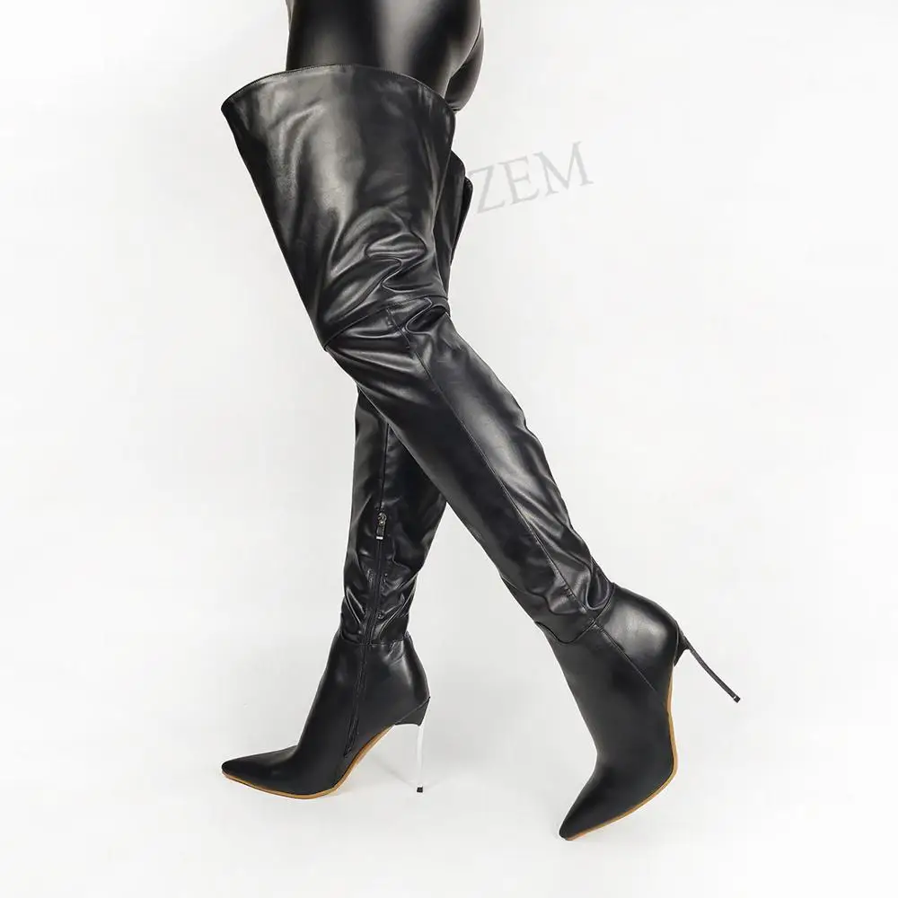 

ZHIMA Women Thigh High Boots Metal High Heels Boots Over Knee Faux Leather Party Shoes Woman Frauen StiefeL Big Size 43 44 47