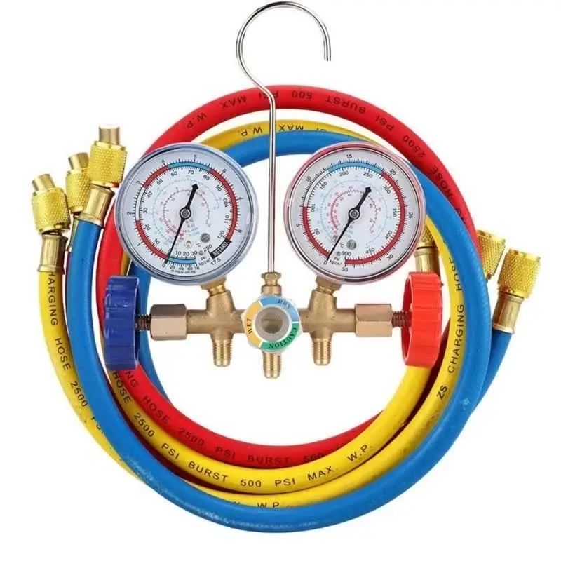 Manifold R134a Manometer-Set für Klimaanlage mit 1,5 m Füllschlauch, Klimatest-Diagnose-Kit, tragbare Aufbewahrungsbox, Schnellkupplung