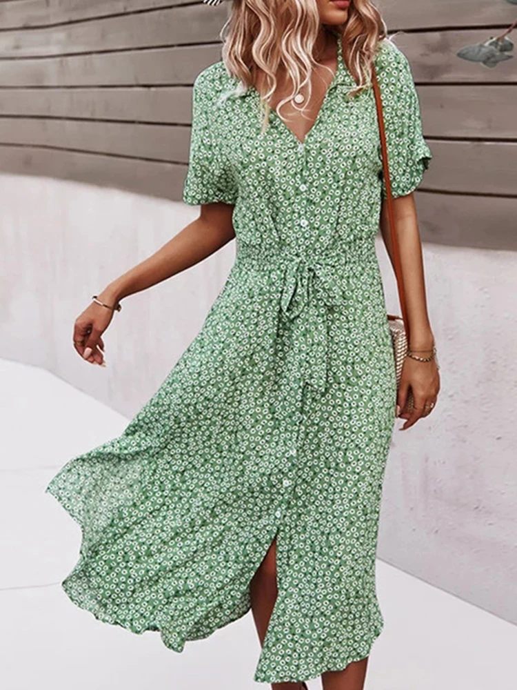 Summer Floral Dress Women Casual Print Dress V-Neck Midi