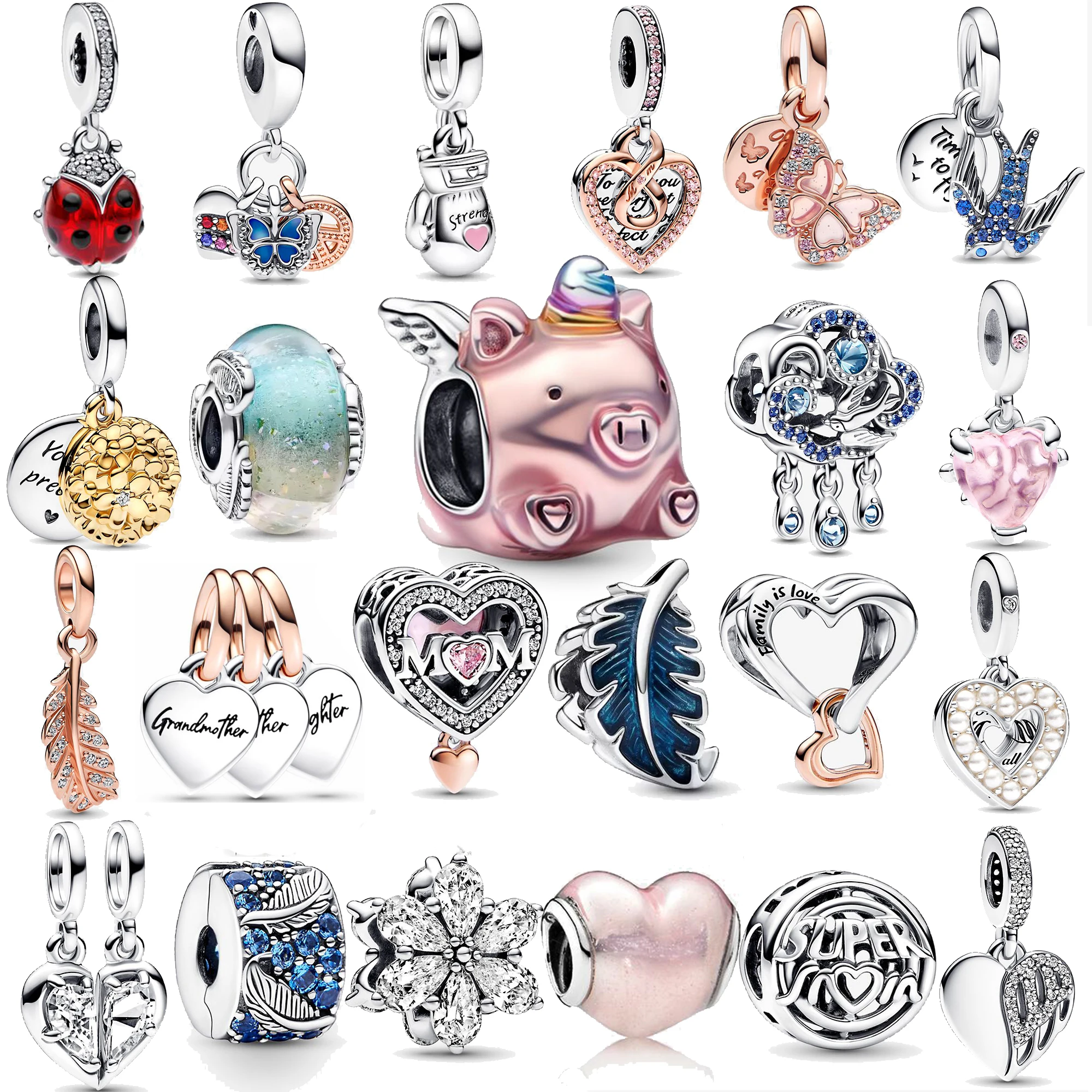 Charms 925 Argento Primavera Nuovo Rosso Miracolosa Coccinella Blu Rondine Farfalla Pansy Fiore Braccialetto Di Perline Gioielli In Argento Sterling