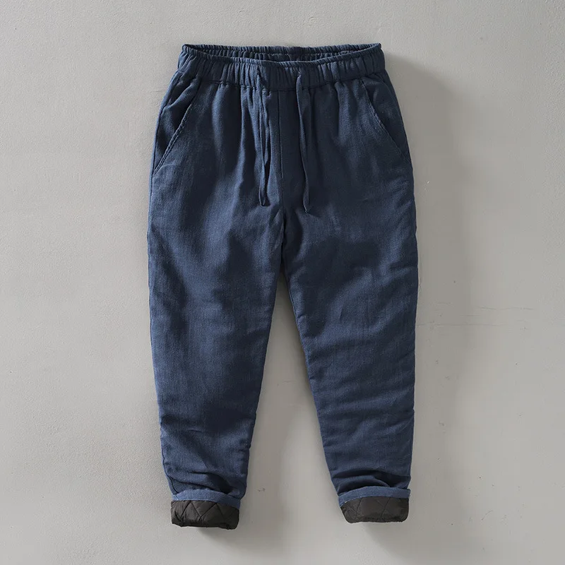 Cotton Linen Men Comfortable Thicken Pants Winter Cozy Fashion Elastic Waist Retro Loose Casual Warm Fleece Ramie Padded Trouser 4