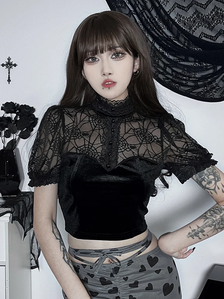 

Gothic Spider Web Tops Tee T-Shirt Women's Mesh See Through Mock Neck Short Sleeve Crop Tops Y2k Aesthetics Vintage Tees