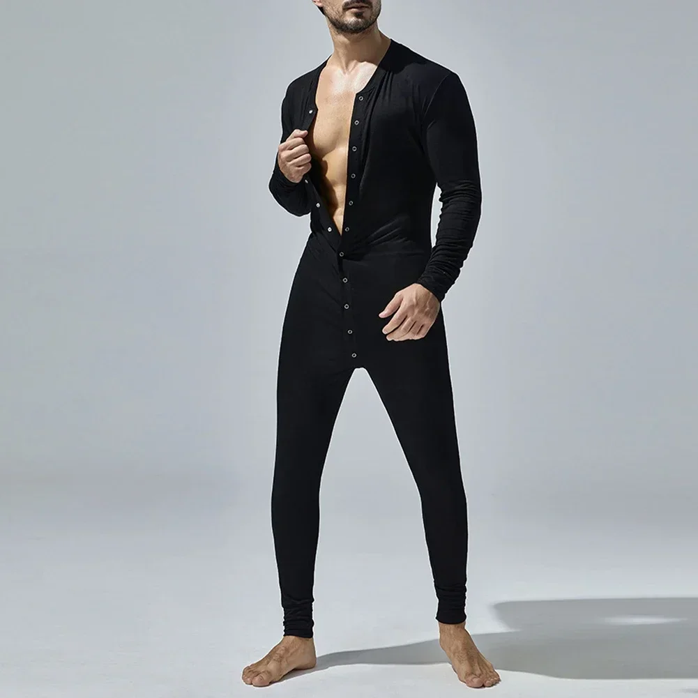 Men Jumpsuits Bodysuits Pajamas Button Down Long Sleeve Sleepwear M-XXL