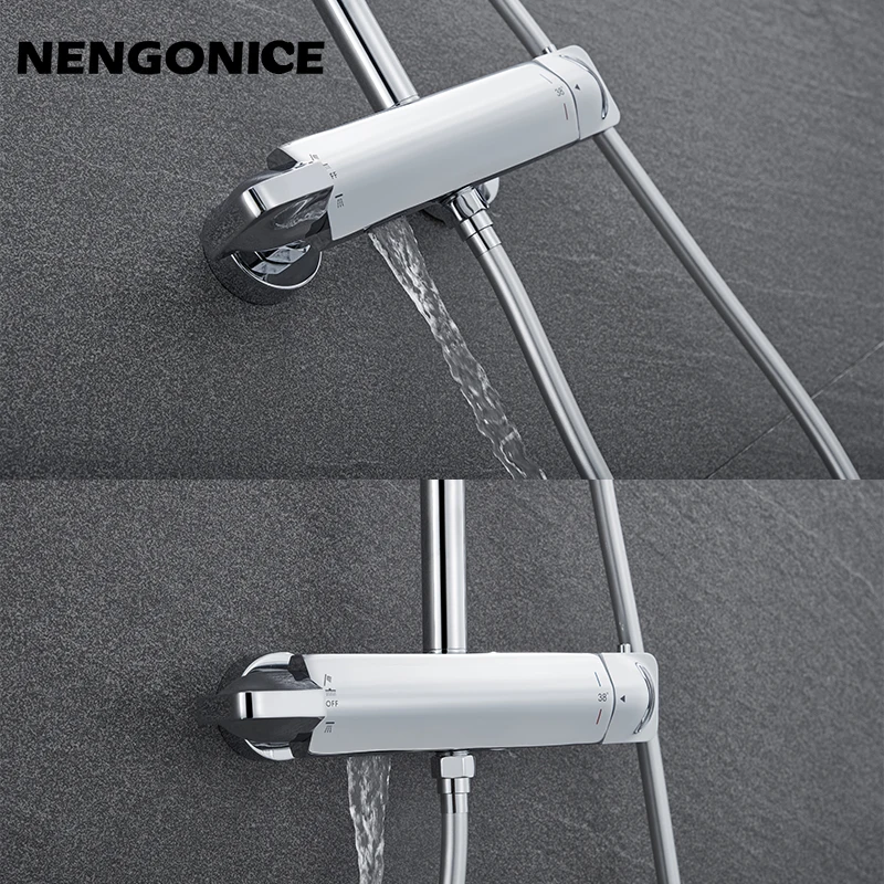 Chrome Thermostatic Shower Set Faucet Brass Temperature Bathroom System Mixer Tap Rain Head Wall-Mount Handheld Sprayer