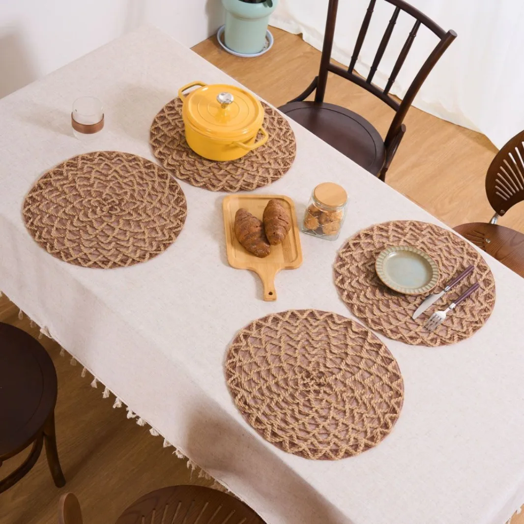 Pastoral Style Placemat Round Hemp Rope Woven Insulation Vegetable Mat Anti-scald Decoration Hollow Dinner Plate Mat