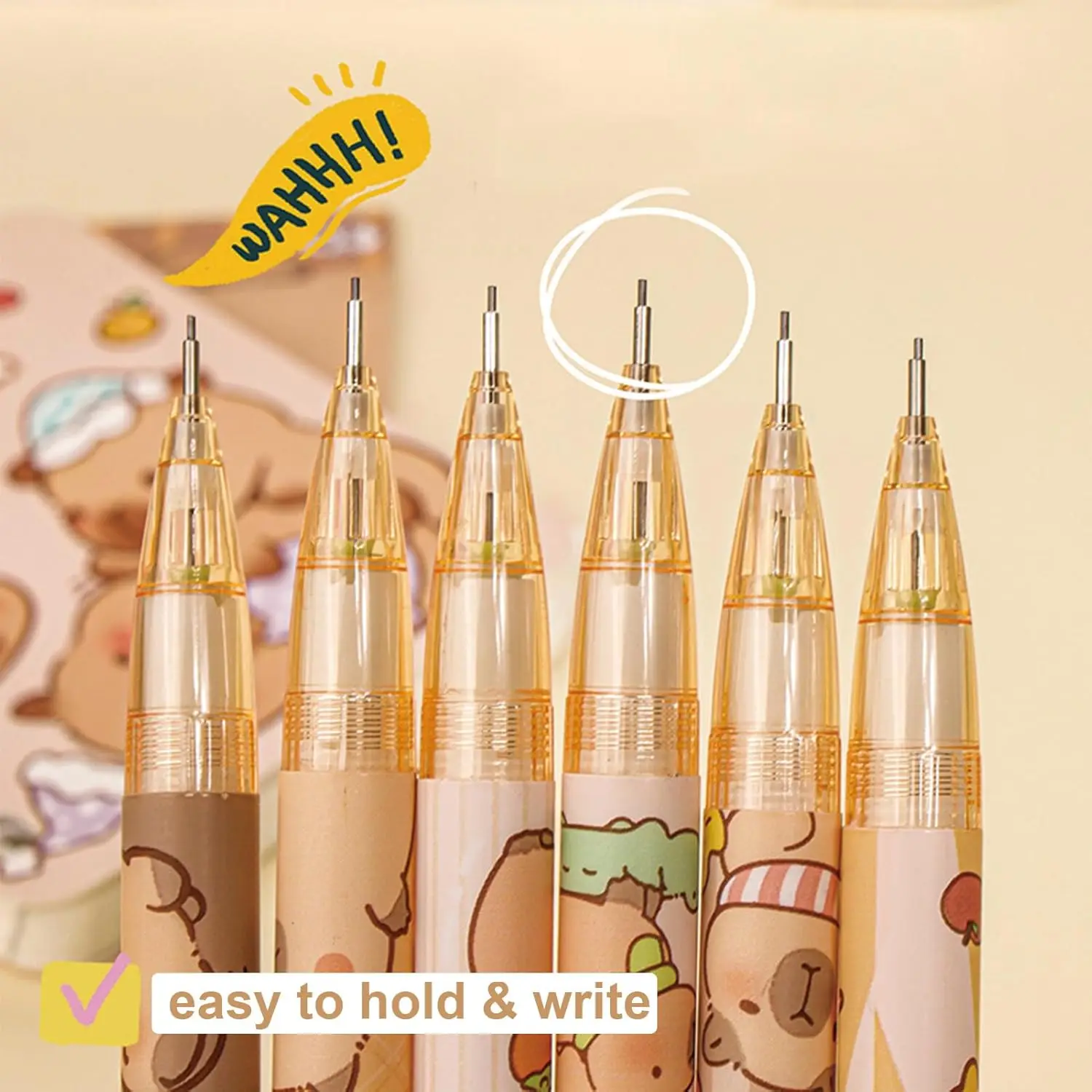 6 Pcs Cute Mechanical Pencils with Eraser 0.5mm Cartoon Capybara Mechanical Pencil Light Pencil for Kids Boy Girl Women 4