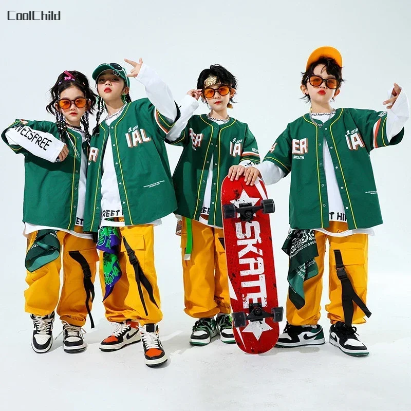 Hip Hop Boys Fashion Baseball Jacket Solid Cargo Pants Girls Cool Streetwear Children Jazz Clothes Set Kids Street Dance Costume