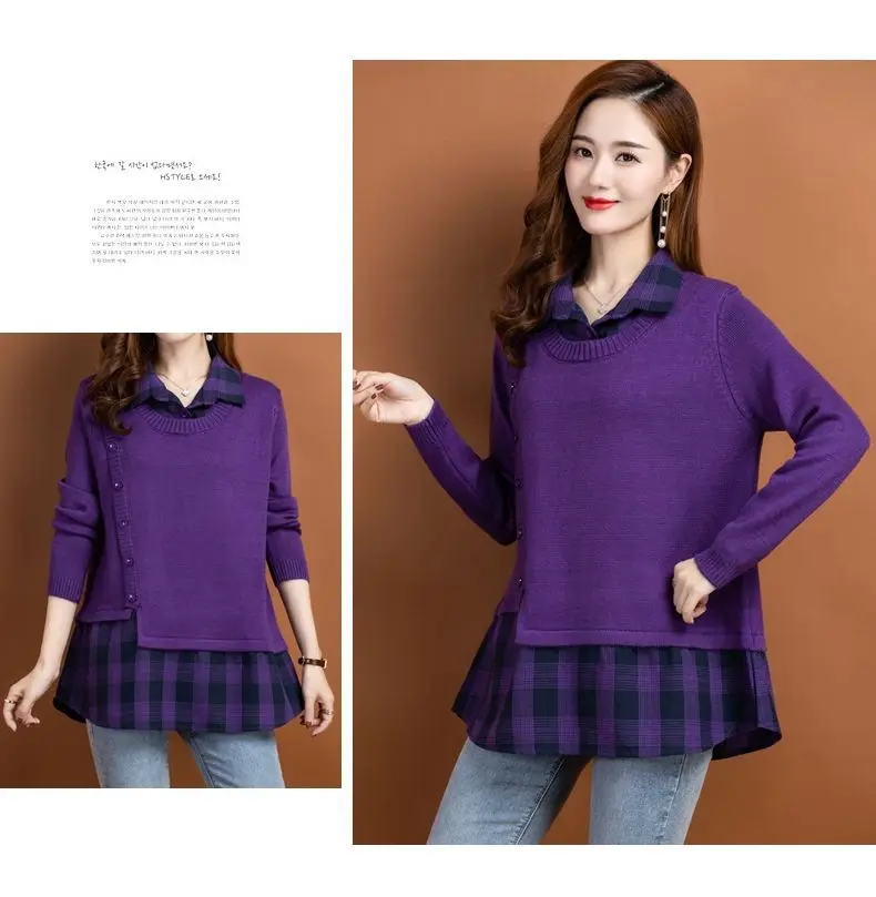 Gefälschte Zwei Stück Pullover Tops Für Frauen Mode Plaid Herbst Winter Revers Hemd Lose Pull Femme Bodenbildung Pullover Strickwaren – Detail 8