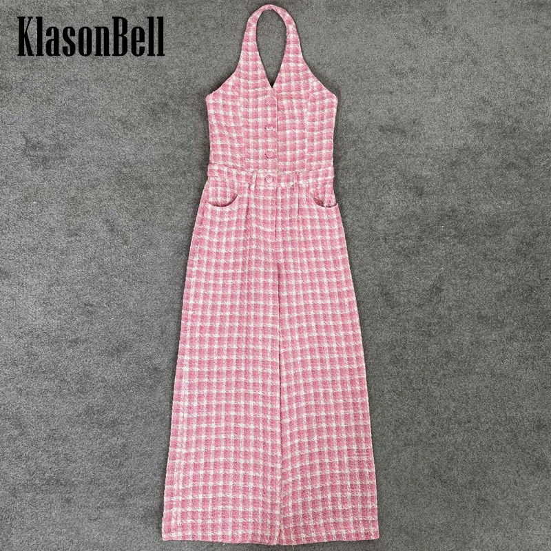 

Женский костюм пляжного типа KlasonBell, розовый твидовый костюм в клетку с V-образным вырезом и открытой спиной, без рукавов, 3,13