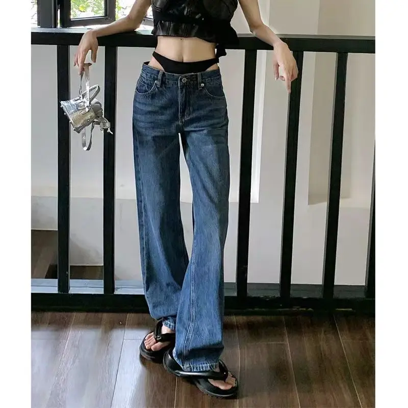 New Spring And Summer Fashion Spice Girl Low Waist Fake Two-piece Bikini Sandwich Wide Leg Straight Leg Jeans Women's Pants