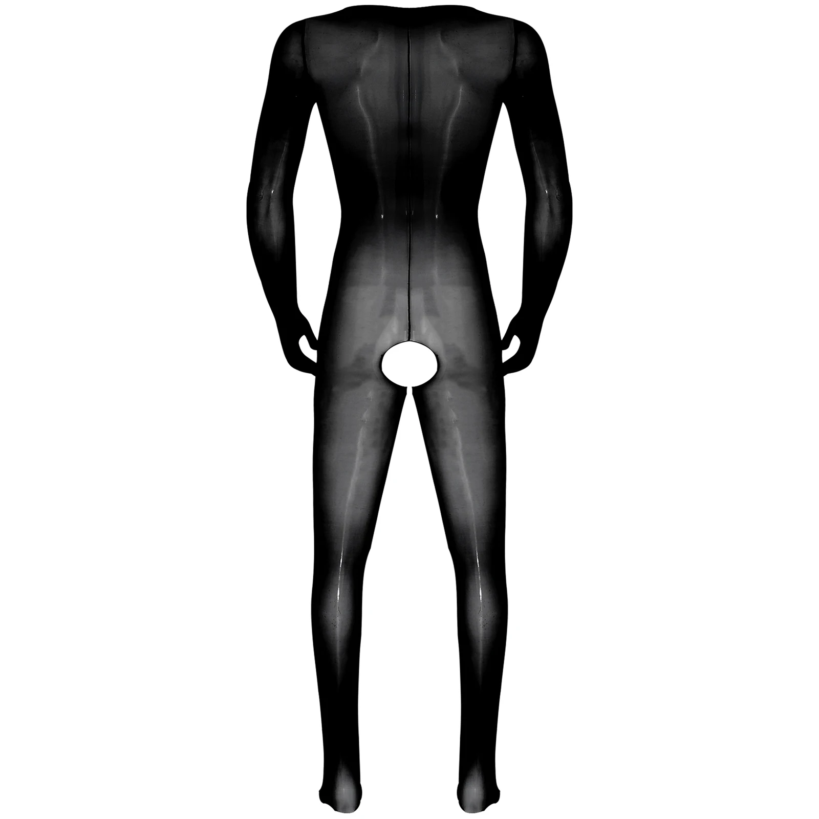 Mens Glossy See-through Full-body Bodysuit Underwear Long Sleeve Full Finger Gloves Bodystockings Jumpsuit Unitard Nightwear