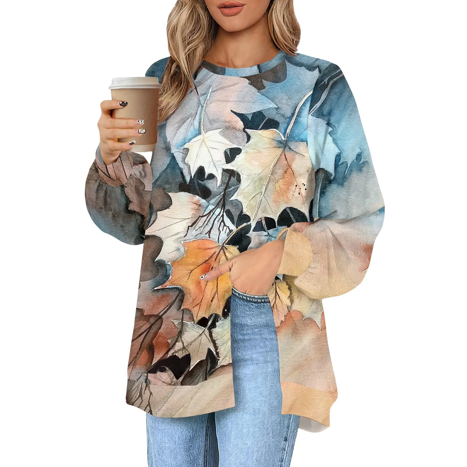 

Женский свитшот с принтом, с круглым вырезом и рукавом-воздушным шаром, с разрезом на подоле, Повседневная Осенняя футболка, свитшот, женские свободные блузки, уличные Топы