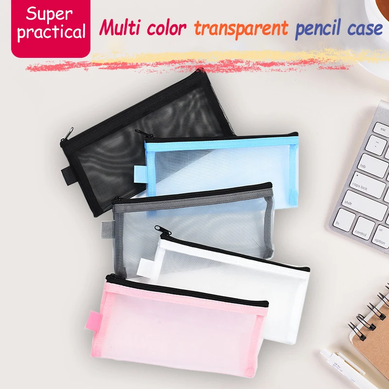 

1Pc Transparent Mesh Pencil Case Pen Bag Simple Portable Office Student Pencil Cases School Supplies Pen Box Bill Storage Bag
