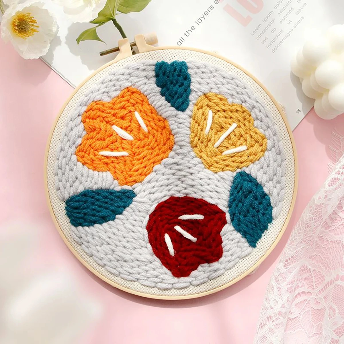 RUOPOTY Flowers Diy Punch Needle Embroidery Starter Kits Crafts Poking Embroidery Painting Hoop Yarn Rug For Home Decor 20x20cm