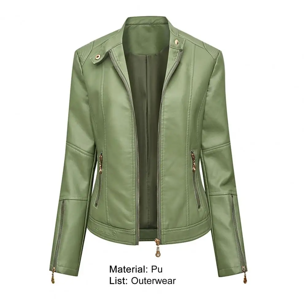 Lady Faux Leather Jacket Solis Color Buttons Decor Long Sleeve Biker Coat Windproof Slim Lady Coat For Motorcycle Riding