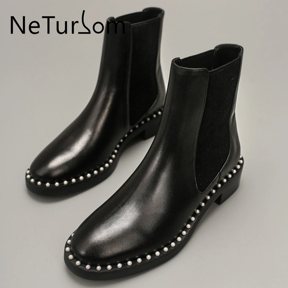 

Autumn Winter Fashion Elegant Pearl ankle Boots Genuine Leather Chelsea Boots Concise Flat Heel Women Short Boots botas de mujer