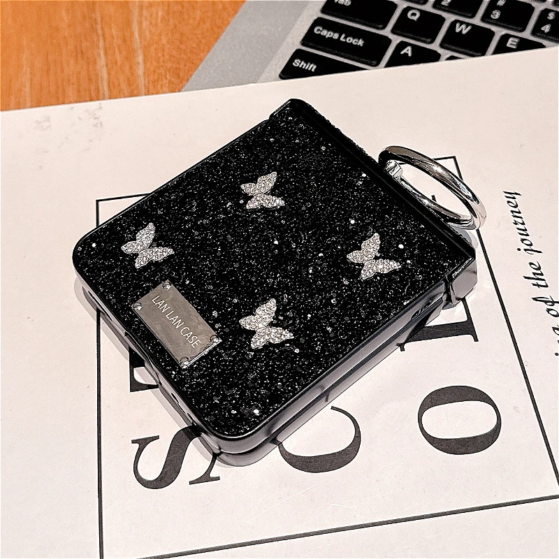 Luxury Glitter 3D Butterfly Ring Case with Shockproof Back Cover and Plain Hinge Design