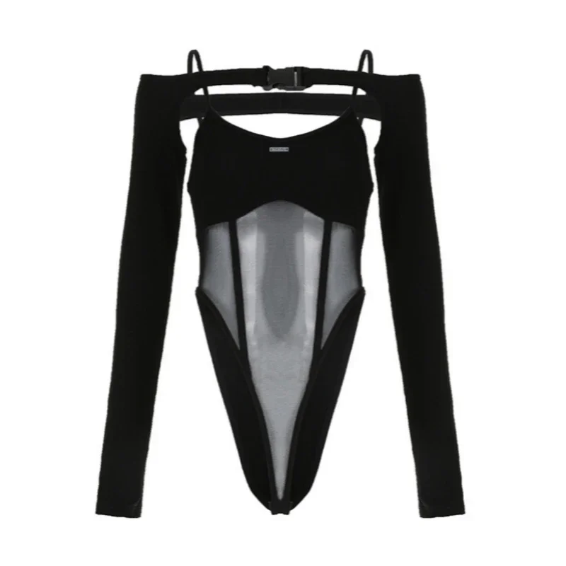 Traje de festival de verano de una pieza con parches de color liso, lencería informal de manga larga, mono sexy con cordones ligeramente transparentes