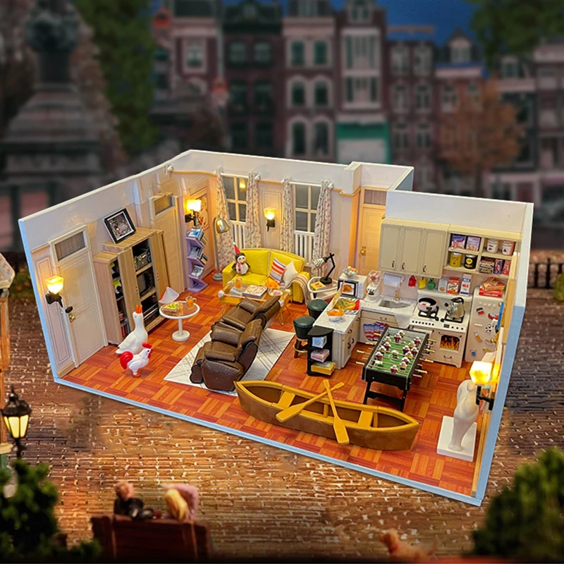 DIY Wooden Miniature Model Kit Friends Casa 3D Puzzle Monica‘s Room Villa Dollhouse With Furniture Lights Home Decor Gifts 3