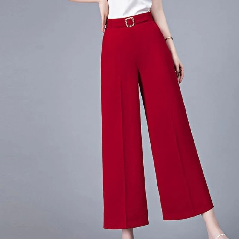 Summer New Casual Solid Color Elastic Waist Wide Leg Pants Fashion Simplicity Straight Trousers Loose Ice Silk Women Clothing