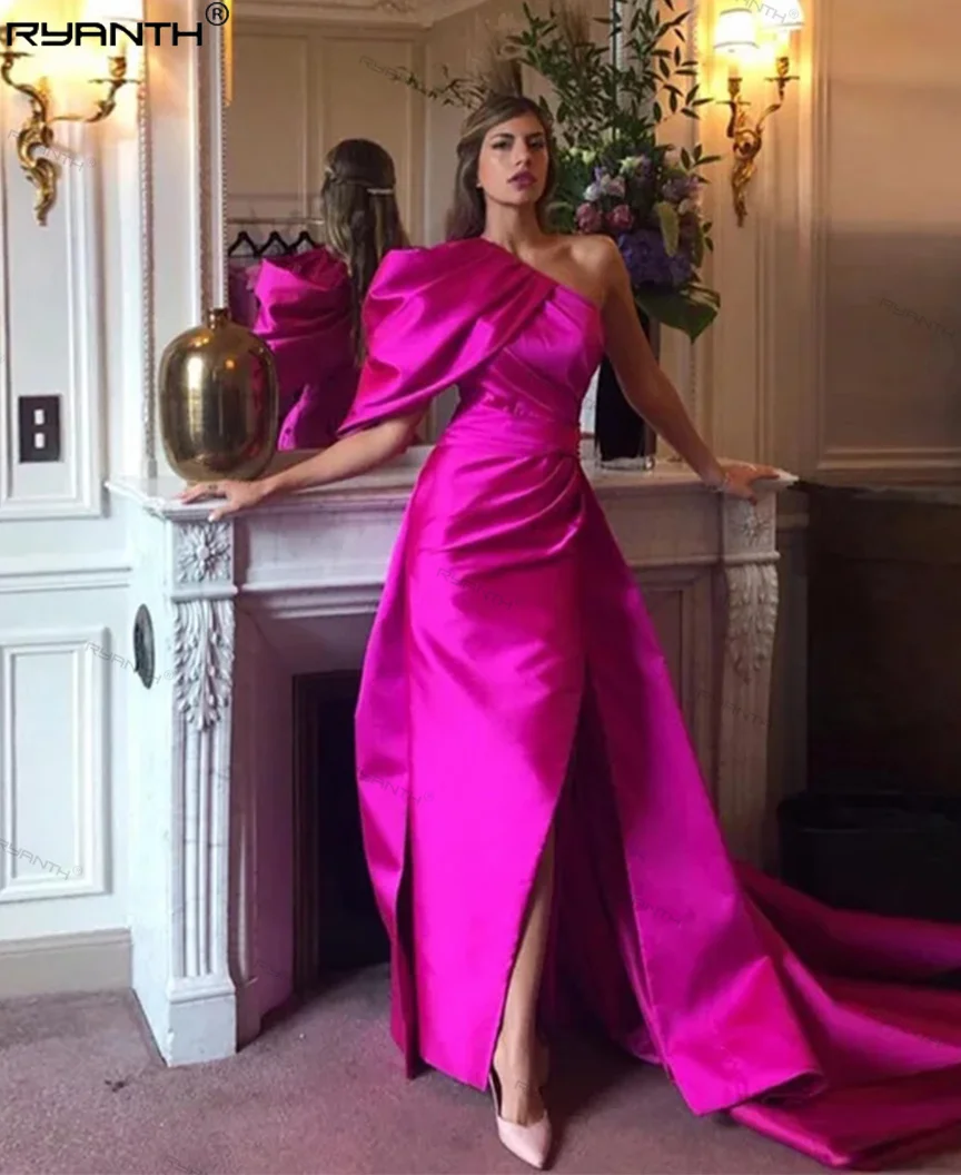 

Ryanth Hot Pink Fashion One Shoulder Long Evening Dress Women 2024 Vestidos de fiesta High Slit Sexy Prom Party Dress Plus size