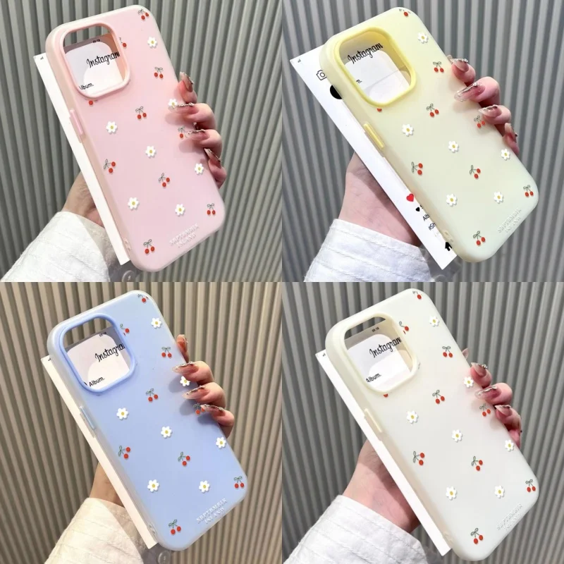 Flower Cherry Pattern Soft Matte Candy Color Phone Case