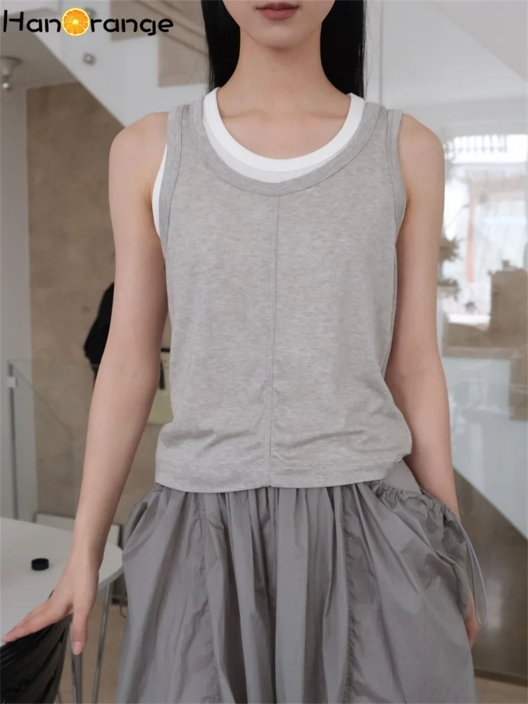 hanorange-2024-summer-simple-double-layer-splicing-wool-tank-top-women-slim-fit-elastic-sleeveless-top-light-gray-dark-gray