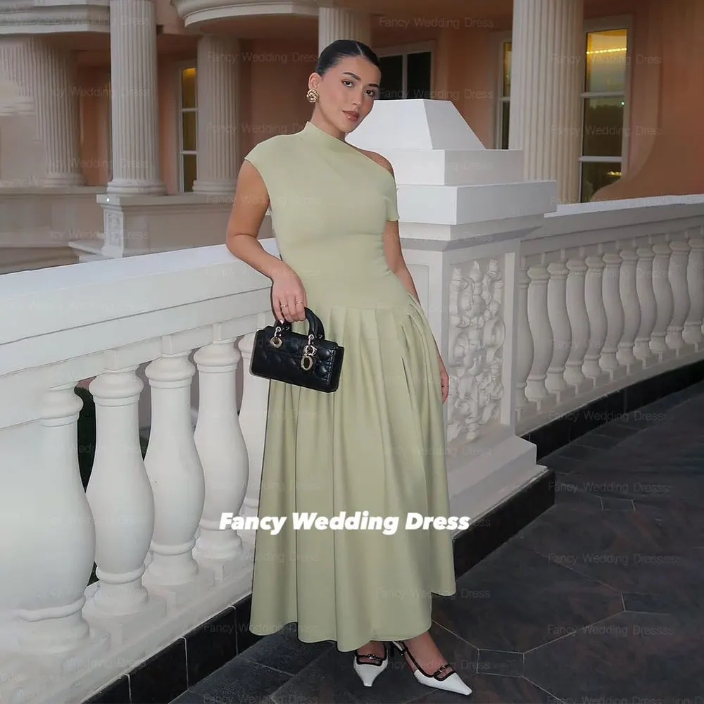 Fancy Elegant One Shoulder Evening Dress Dubai A Line Elastic Satin Prom Dresses Light Green Evening Party Dresses Customized