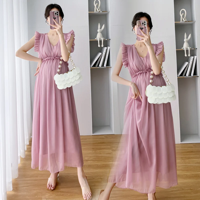 

2806 # летнее платье для фотосъемки для беременных элегантная оборка V-образный вырез Высокая талия тонкая одежда для беременных сексуальная горячая беременность