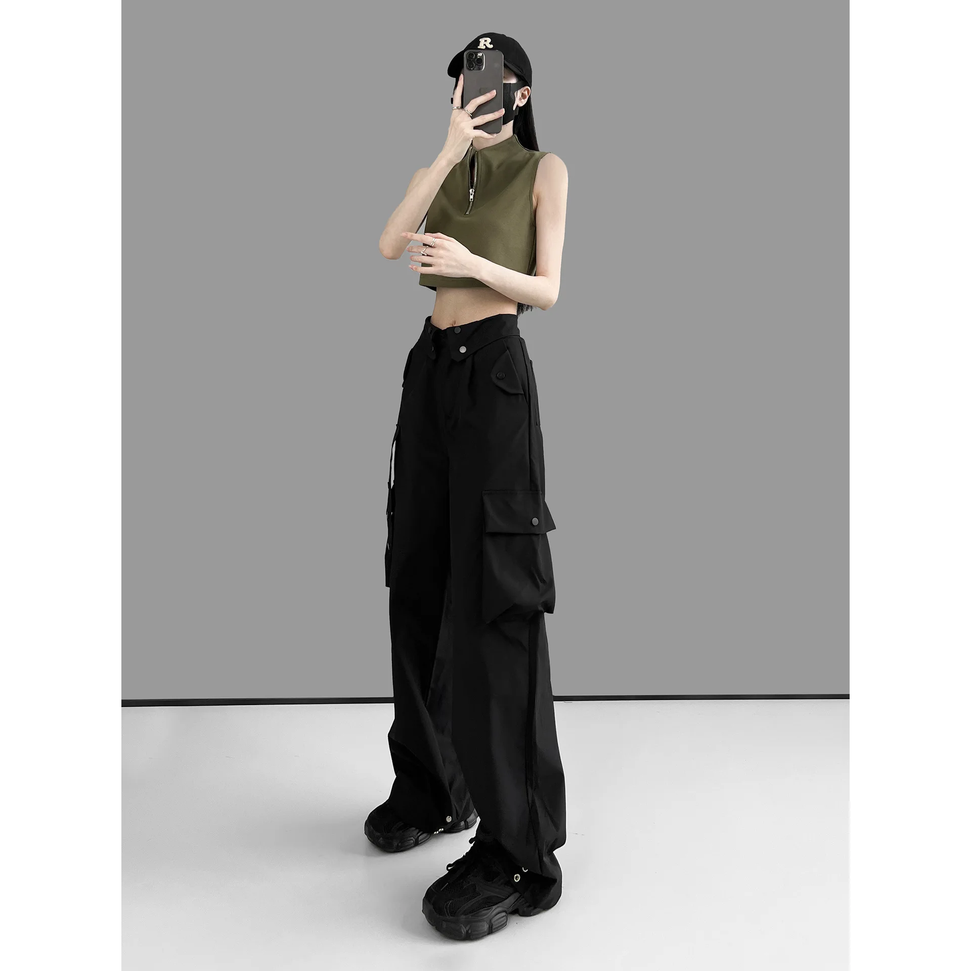 Street Overalls Women's New Breasted Over Waist Design Sense of Loose Straight Leg Casual Long Pants