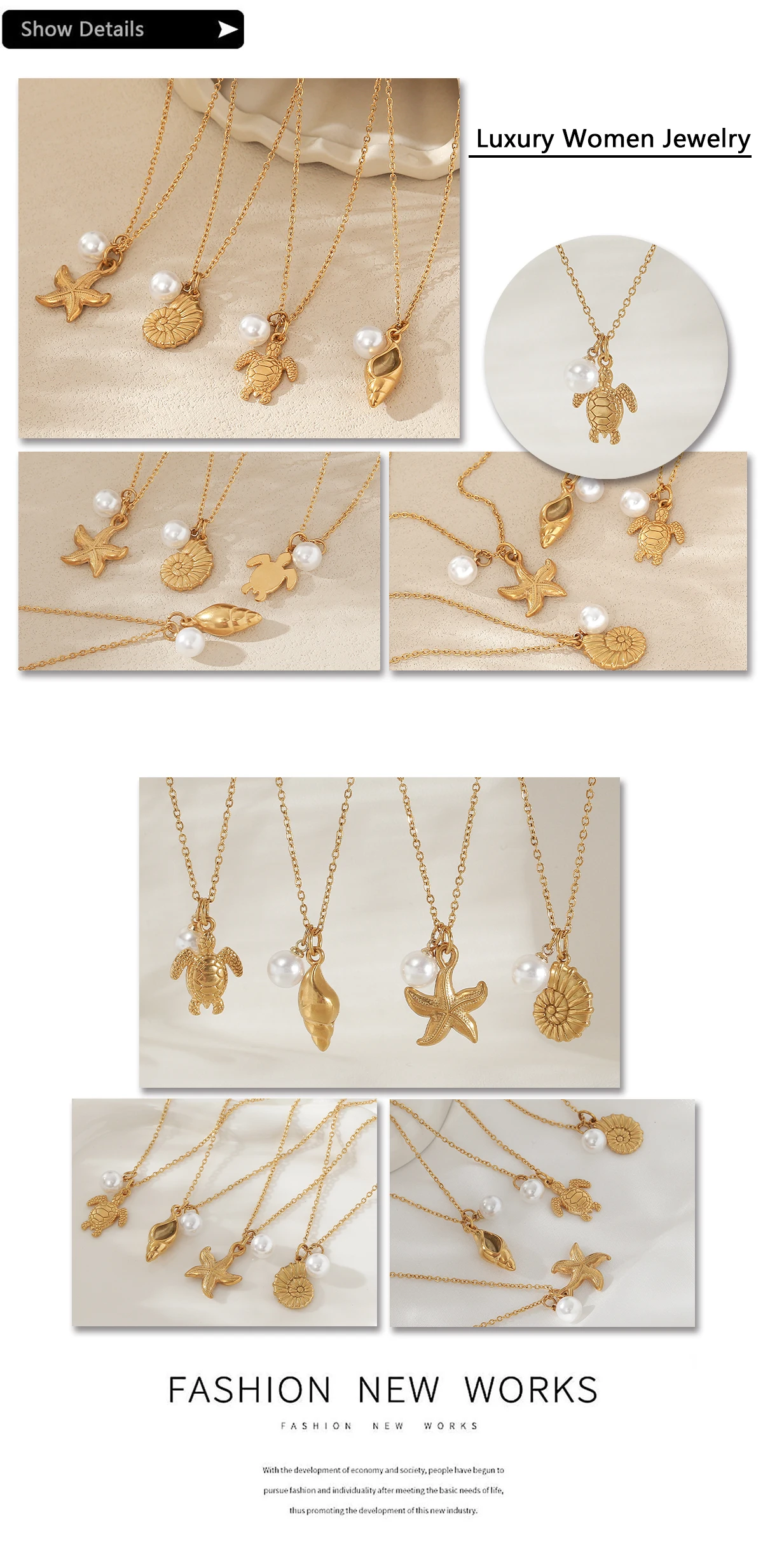 MHS.SUN Ozean Stil Perle Schildkröte Muschel Seestern Halskette Edelstahl 18K vergoldet Anhänger Sommer wasserdicht Schmuck Geschenk – Detail 17