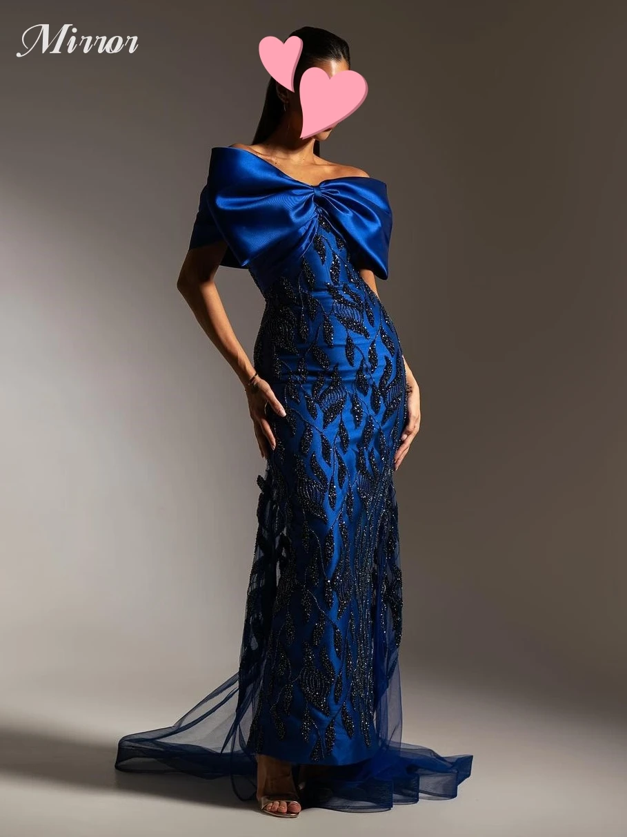 

Mirror Dress Elegant Vintage Sexy Blue Mermaid Crystal Beading Bow Customize Formal Occasion Prom Dress Evening Party Gowns