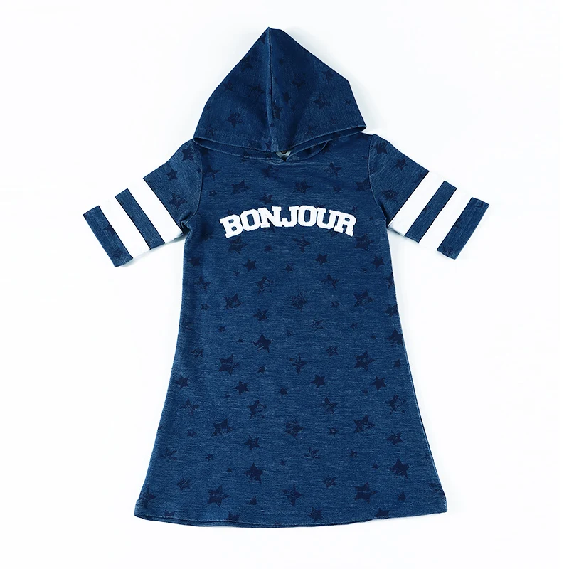 Mädchen kleid blau denim sterne set mädchen mit kapuze kurzarm langarm kleider kinder mit kapuze applique buchstaben 2-6T familie outfit – Detail 6