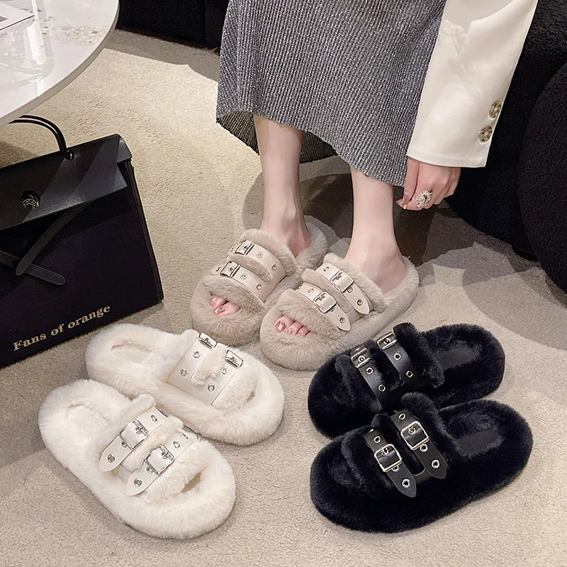 

Low Shoes Woman 2023 Slippers Casual Big Size Pantofle Fur Flip Flops Platform Luxury New Plush Rome PU Hoof Heels Basic Fabric