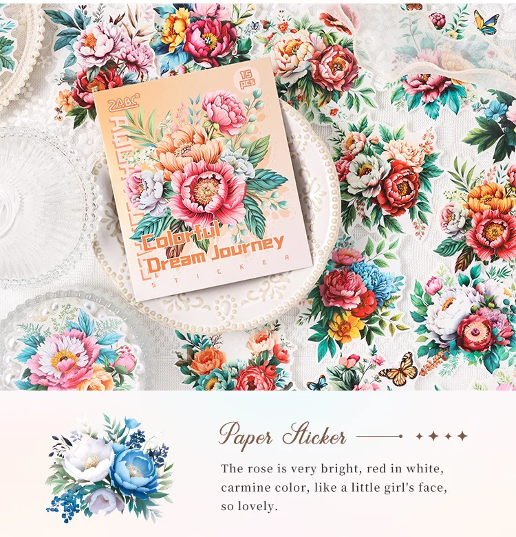 Flower Washi Stickers 15pcs/Sheet Vintage Botanical Scrapbook Decor Waterproof PET Journaling Supplies for DIY