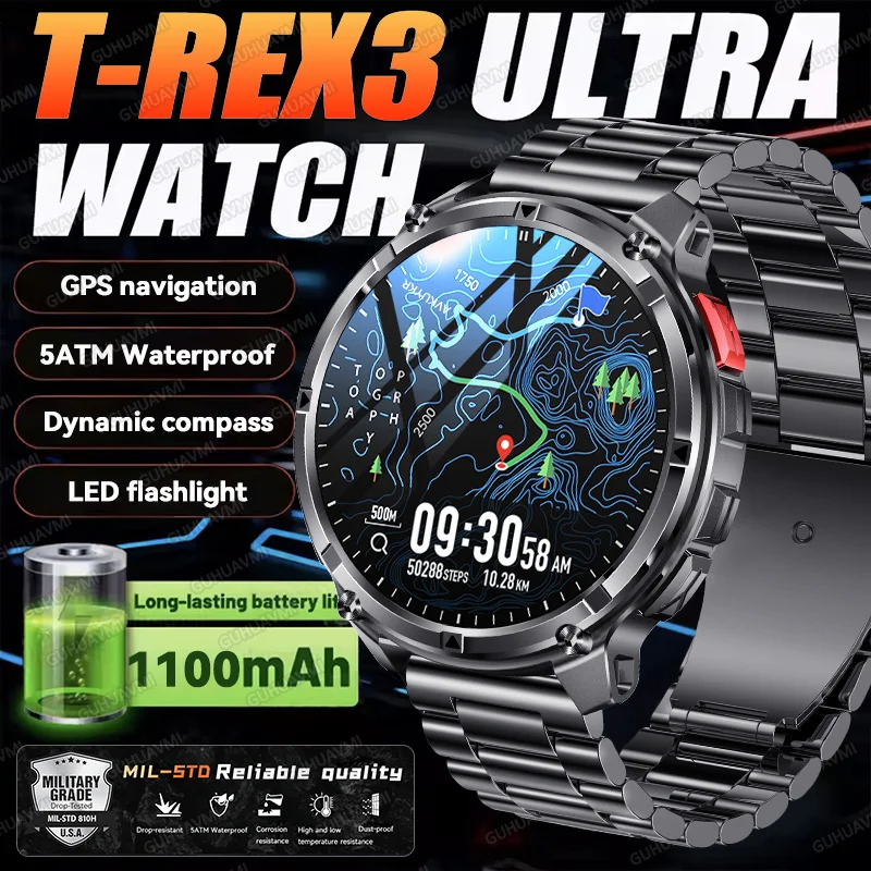 2026 nouveau T-Rex3 Ultra 1100Mah montre intelligente militaire hommes 1.7 "AMOLED GPS chemin 5ATM boussole étanche lampe de poche LED Smartwatch iOS