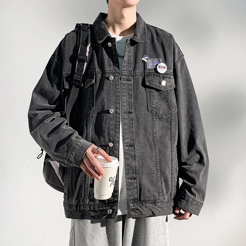 

Denim Jacket Men's Spring and Autumn Retro Lapel High Street Long-sleeved Coat Loose Casual Top