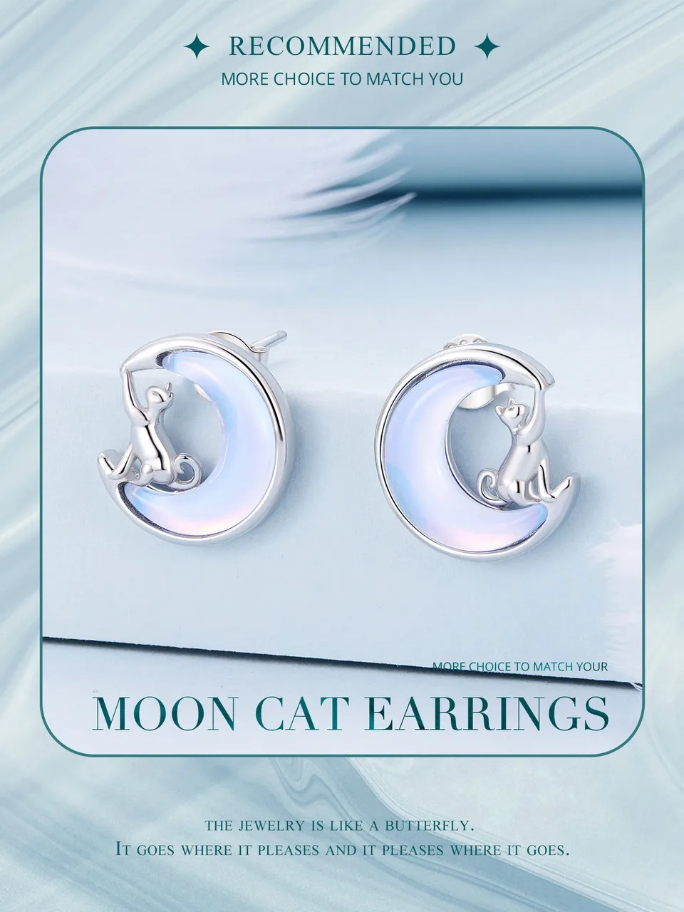 Fine Jewelry Sterling Silver Fantasy Moon Stud Earrings Cute Cat Earrings for Women - PeticaDeals