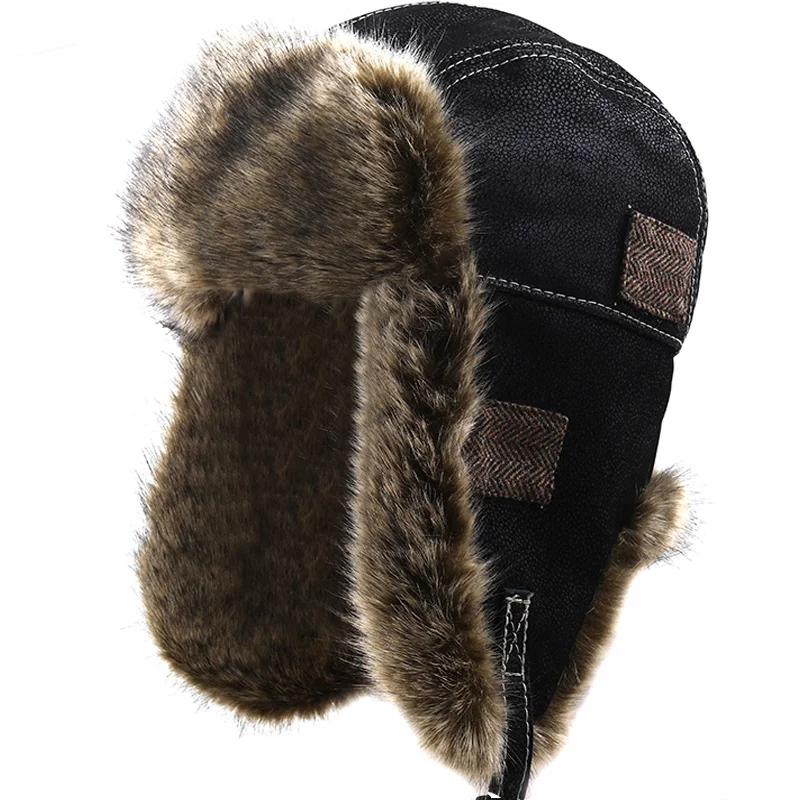

Bomber Hats Winter Men Warm Russian Ushanka Hat with Ear Flap Pu Leather Fur Trapper Cap Earflap for Women