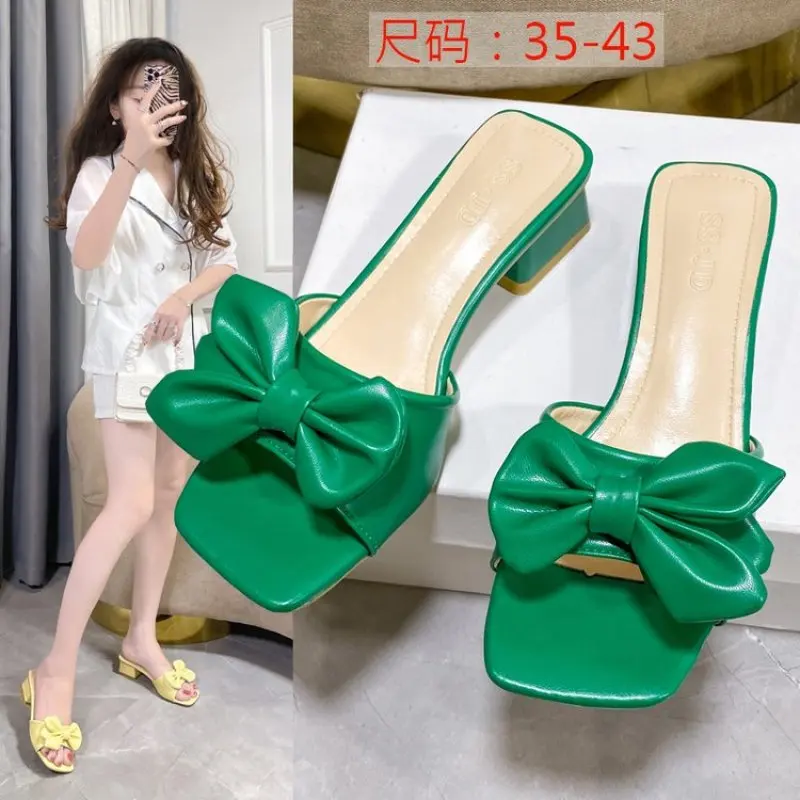 

2023 Metal Buckle Transparent Square Heels Slides Women Peep Toe Mules Cool Summer Slippers Sandals Elegant Shoes Plus Size 43