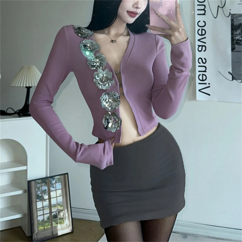 

Women Sexy V-Neck Buckle Front Sweater Coat Crop Top Long Sleeve Glitter Sequins Flower Knitted Knitwear Cardigan