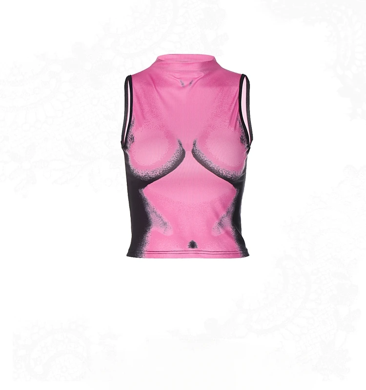 

Y2K Millennium Spicy Girl Style Human Printed Sleeveless Tank Top, Small Short Fit Barbie Pink Top