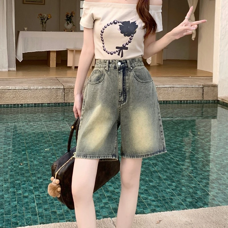 2024 Spring New Denim Shorts Women American Retro Straight Wide Leg High Waist Solid Color Casual Versatile Short Pants Female