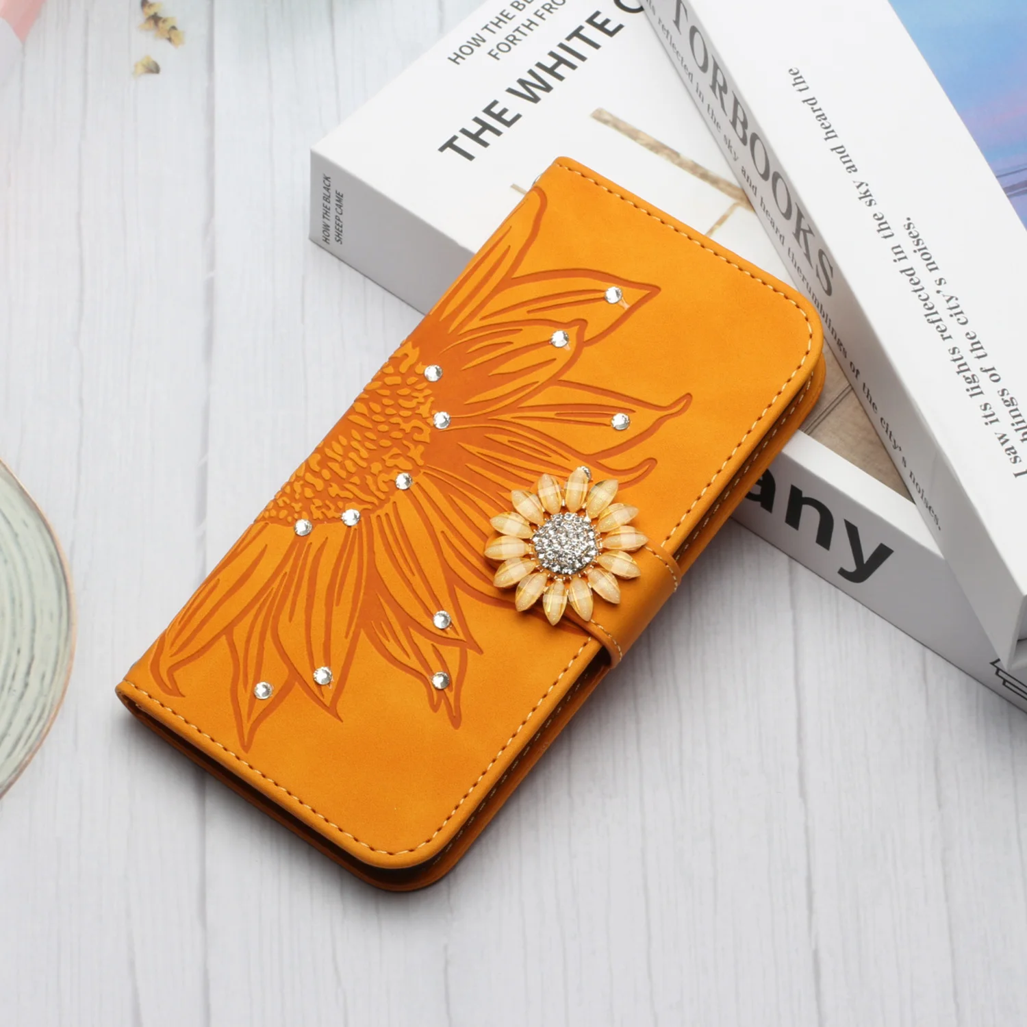 Sunflower Leather Wallet Flip Cover with 3D Glitter Design
