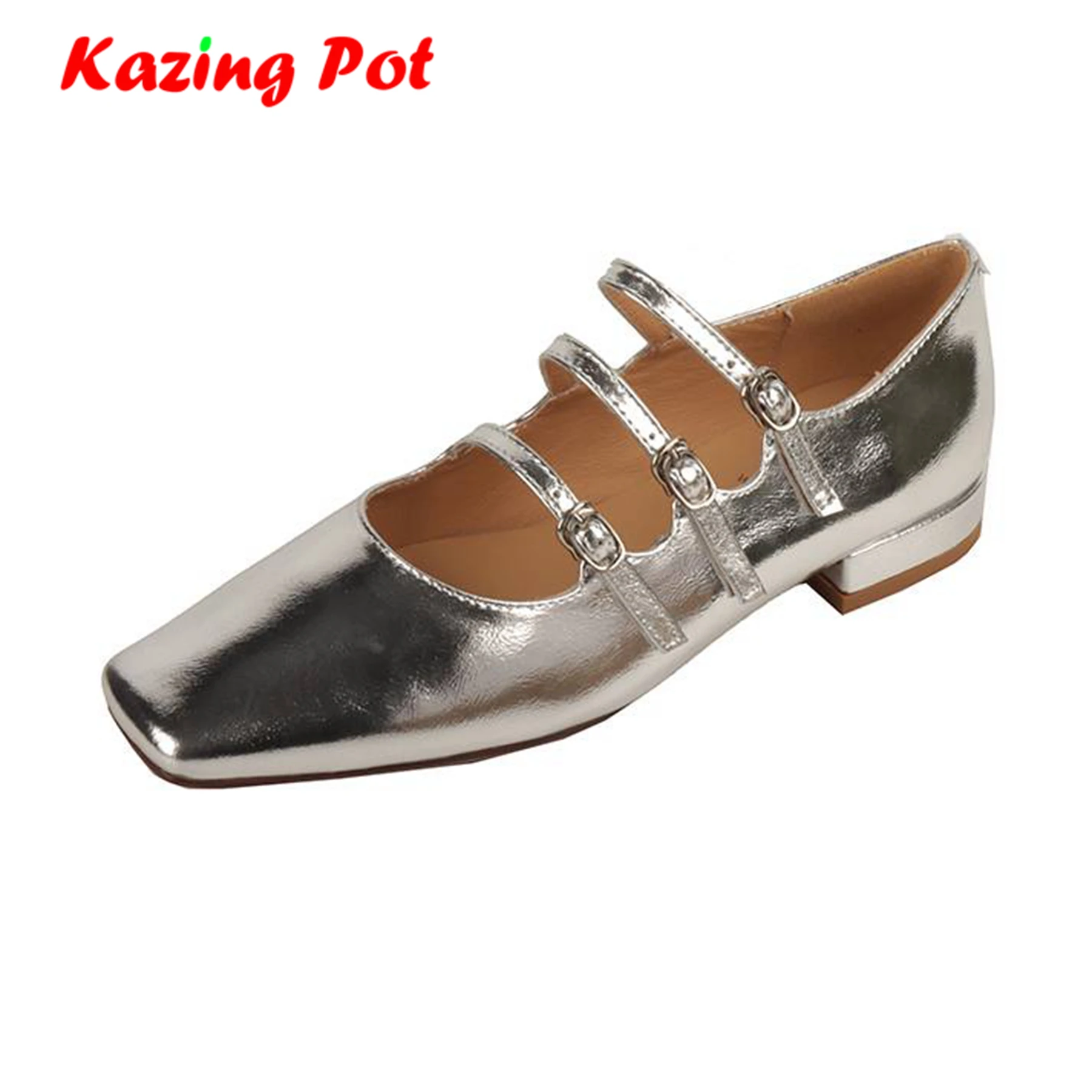 

Krazing Pot 2024 Sheep Leather Low Heel Summer Square Toe Women Wedding Gold Silver Color Metal Buckle Mary Janes Shallow Pumps