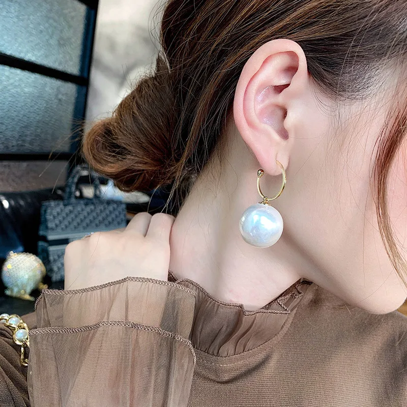 Gold Link Hook Elegant Big Simulated Pearl Drop Earrings Drop Earrings Dangle Earrings Pearl Earrings Golden Earrings Fruit Drink Earrings Women Korean Design Wedding Jewelry