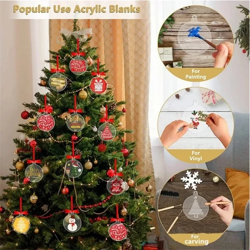 10/5Pcs Christmas Acrylic Circles Discs Clear Blanks Xmas Tree Hanging Ornaments Keychain Charms Bauble New Year Decor for Home