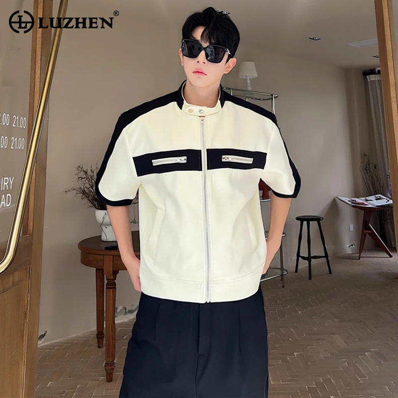 

LUZHEN Stylish Color Contrast Design Short Sleeve Tops Men's 2024 Summer Zipper Original Street Korean Handsome T-shirts LZ2416