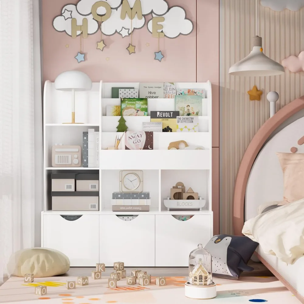 Kids Bookcase and Bookshelf, Multifunctional Bookcase with 5 Storage Cubbies and 3 Movable Drawers, Toy Storage Organizer