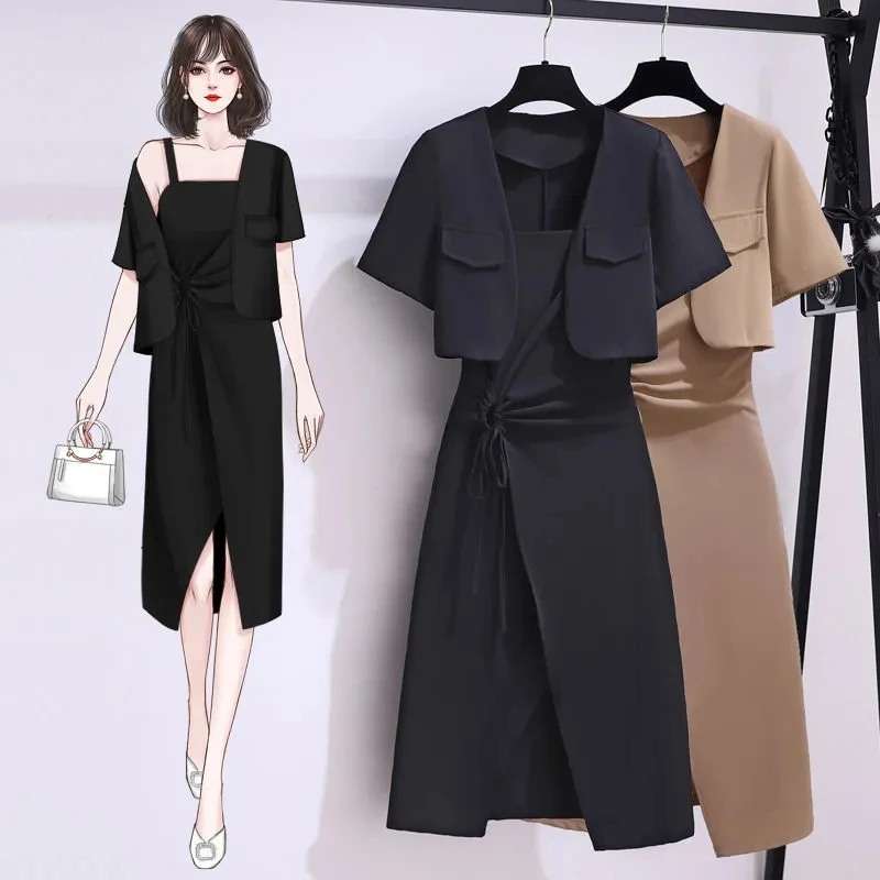 large women s dress 2023 autumn new fat younger sister mm thin fashion temperament coat suspender skirt two piece suit Large size women's summer women's 2022 new slim temperament professional suit jacket stitching split suspender skirt two-piece